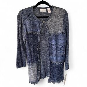 Alfred Dunner Blue knit patchwork cardigan with fringe lace womens size S NWT‎